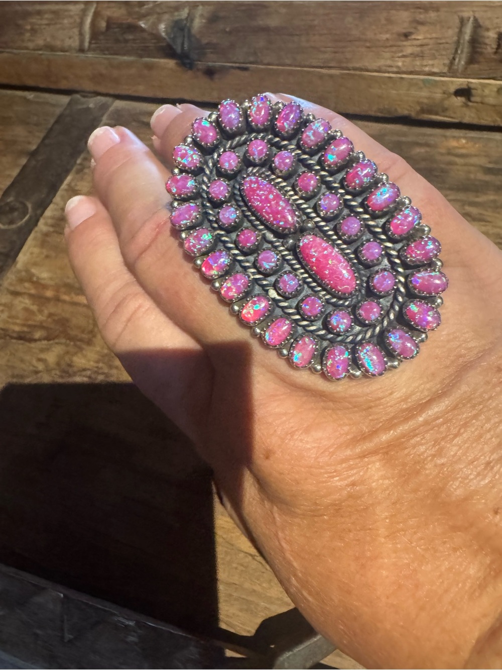 Hot Pink opal oval concho cluster large statement Sterling silver ring - Picture 5 of 9